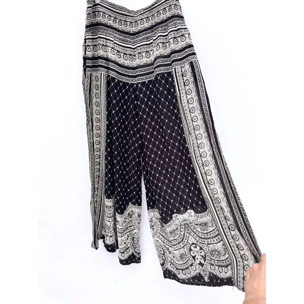 AS-IS Free People Black White Paisley Border Print Wide Leg Palazzo Pants